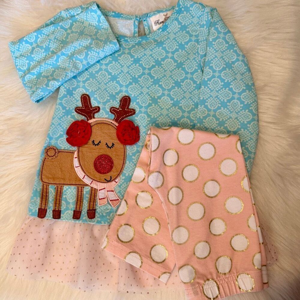 Rare Editions 2-pc 24 mo Girls Blue Christmas Reindeer Top & Leggings Set